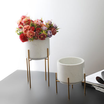 White marble ceramic decorative flower planter pots White Marble and Brass Gold Stand