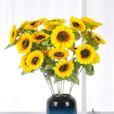 OEM Three Heads Artificial Sunflower Bundle 90cm Length For Bar Club